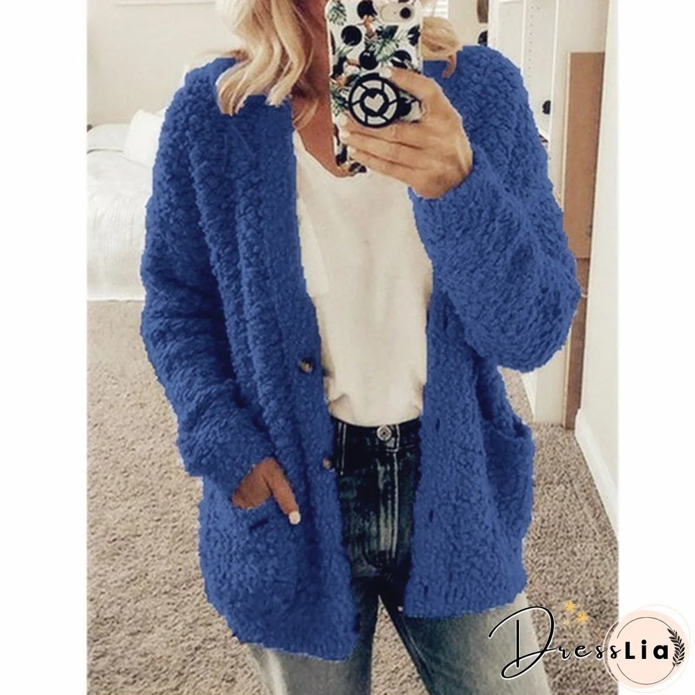 Women Winter Fashion Loose Long Sleeve Solid Color Plush Cardigan Sweater Coat Tops Button Casual Outwear XS-5XL