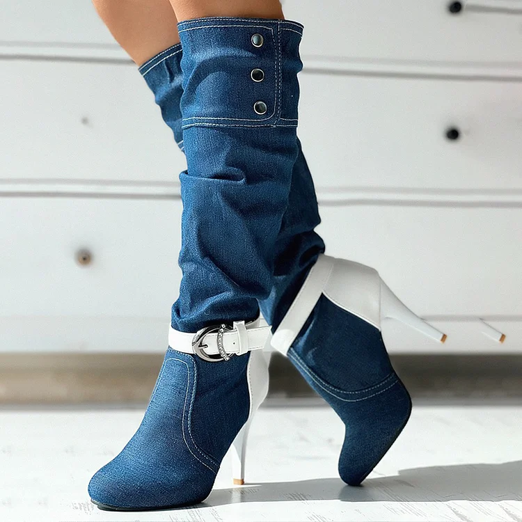 Blue & White Denim Buckle Knee High Stiletto Heel Boots Vdcoo