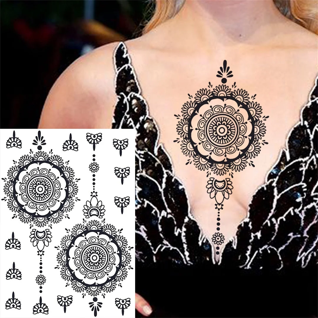 Mandala Flower Temporaray Tattoos For Women Adults Tribal Henna Tattoo Sticker Black Lace Dreamcatcher Fake Tatoos Legs Hands