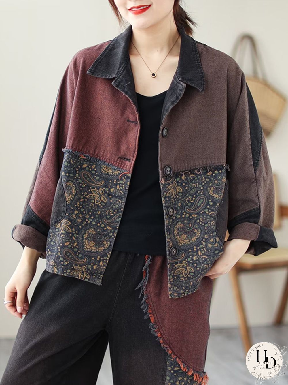 Contrast Color Fringed Split-Joint Long Sleeves Printed Outwear Harem Pants Two Pieces Set