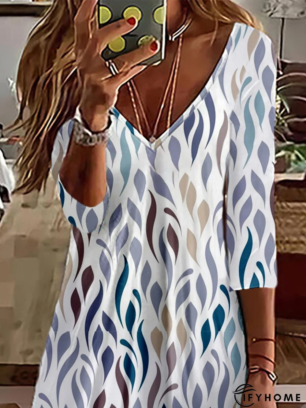 Geometric Casual Autumn V neck Micro-Elasticity Daily Loose Best Sell T-Shirt Dress Dress for Women | IFYHOME