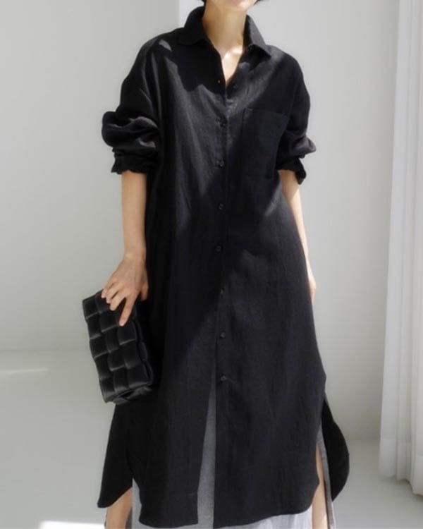 Casual Solid Color Shirt Cotton Linen Slit Dress
