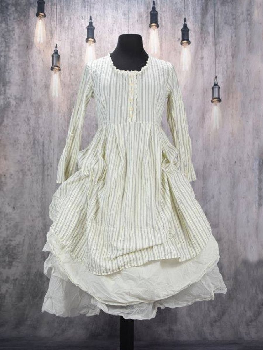 Cotton Linen Stripe Print Long Sleeve Dress