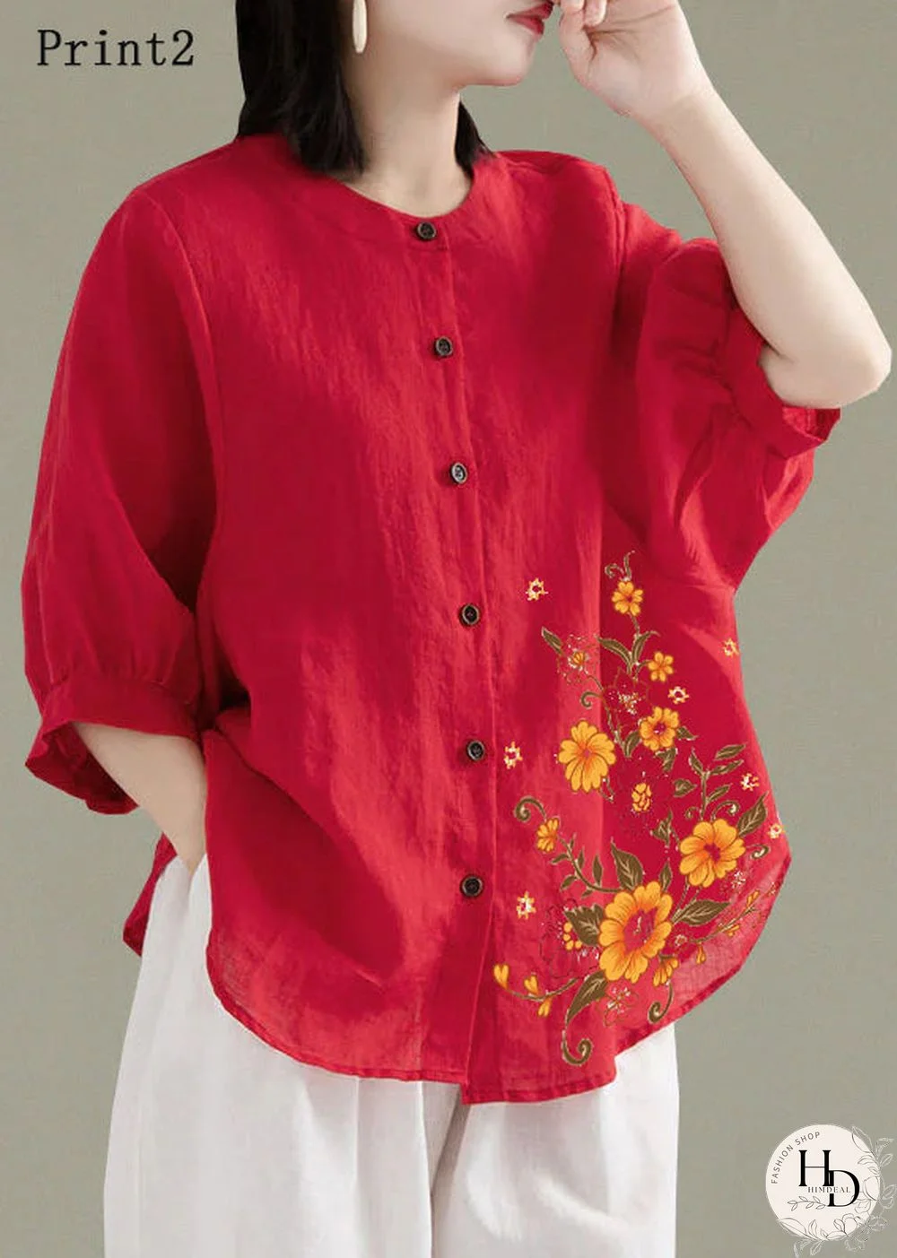 Art Red-print2 O-Neck Button Linen Loose Shirt Top Lantern Sleeve