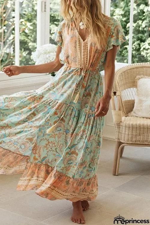 Boho Print Button Tassesl Maxi Dress