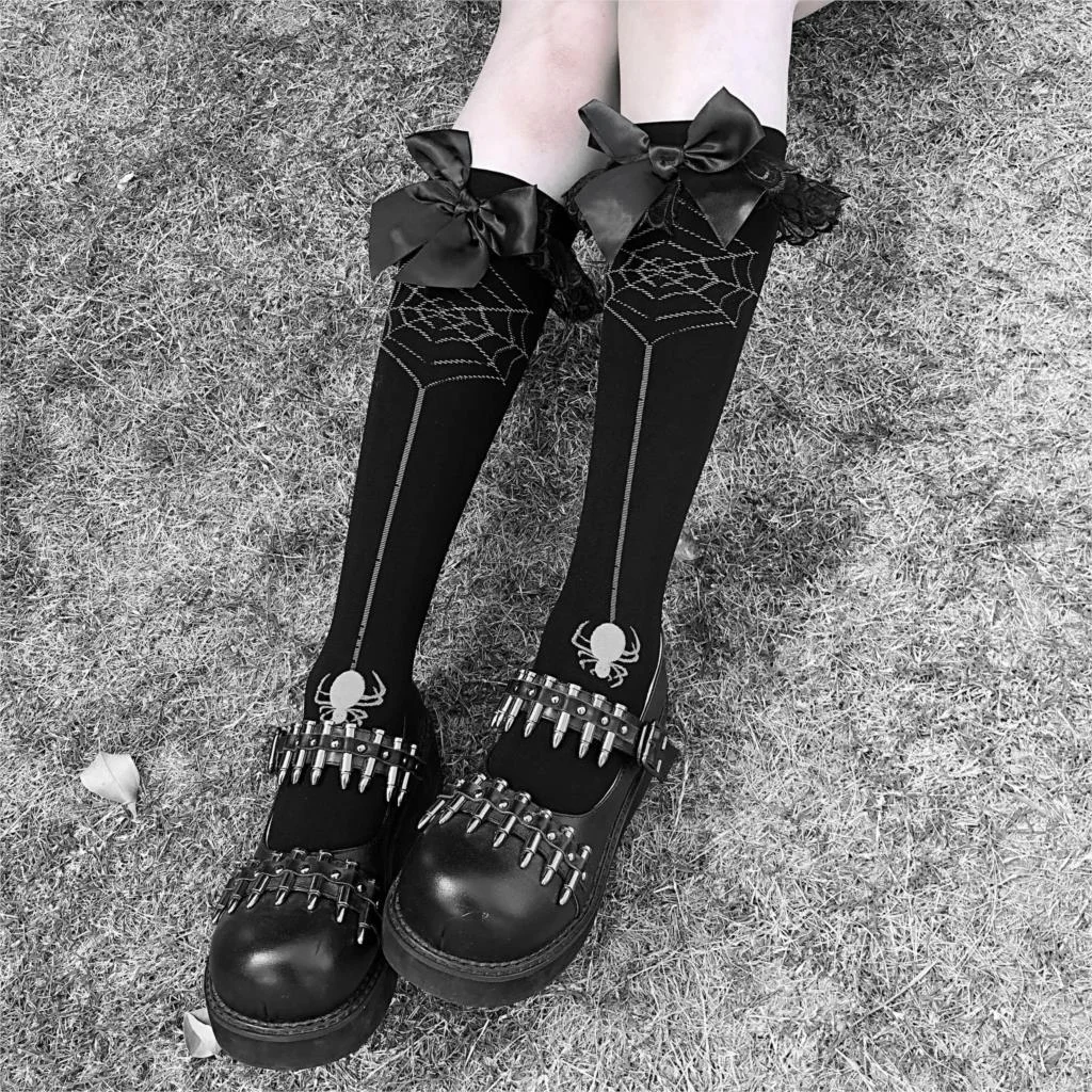 Dark Lolita Black Bow Cobweb Spider Print Gothic Socks BE109
