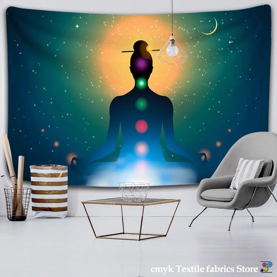 Indian Buddha Statue Meditation 7 Chakra Tapestry Wall Hanging Mandala Tapestries Wall Cloth Psychedelic Yoga Carpet Boho Decor