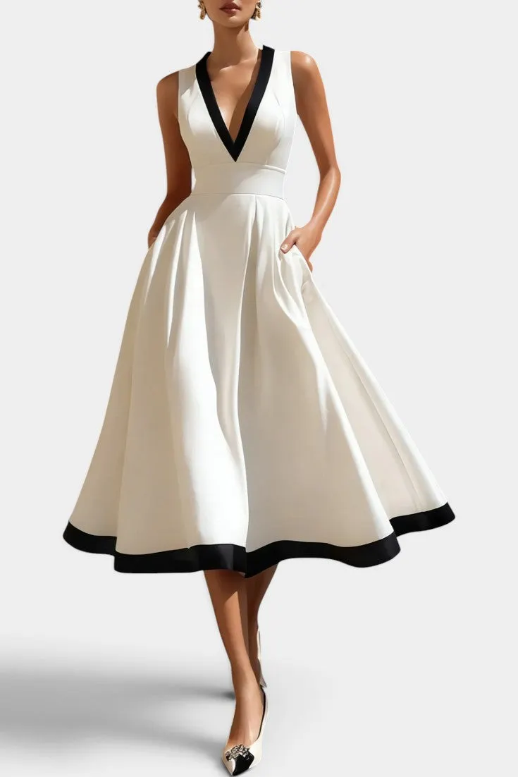 V-Neck Midi Dress with Contrast Trim and Pockets