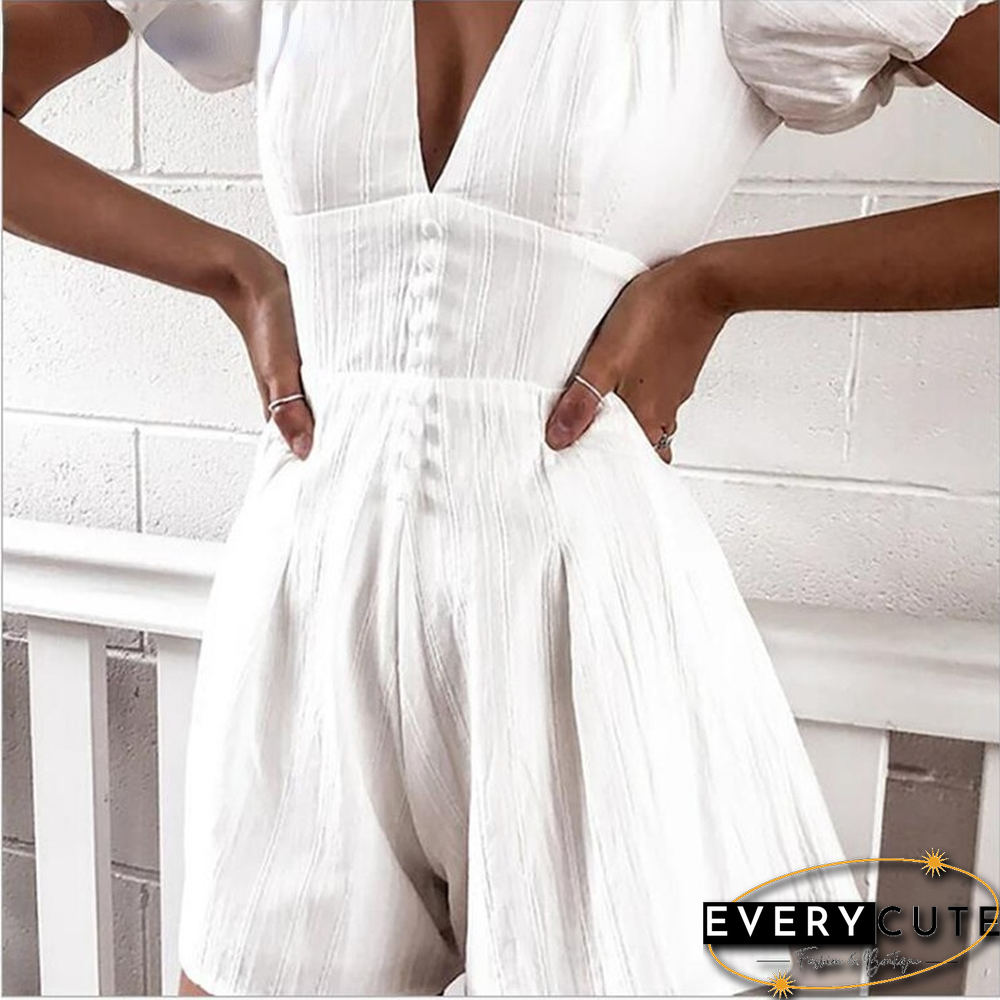 Women's Summer White Jumpsuit Puff Sleeve Deep V-Neck Casual Jumpsuit Retro French Jumpsuit Wide Leg