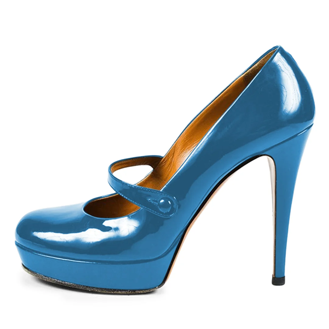 Patent Leather Buckle Strap Platform Mary Jane High Heels in Blue