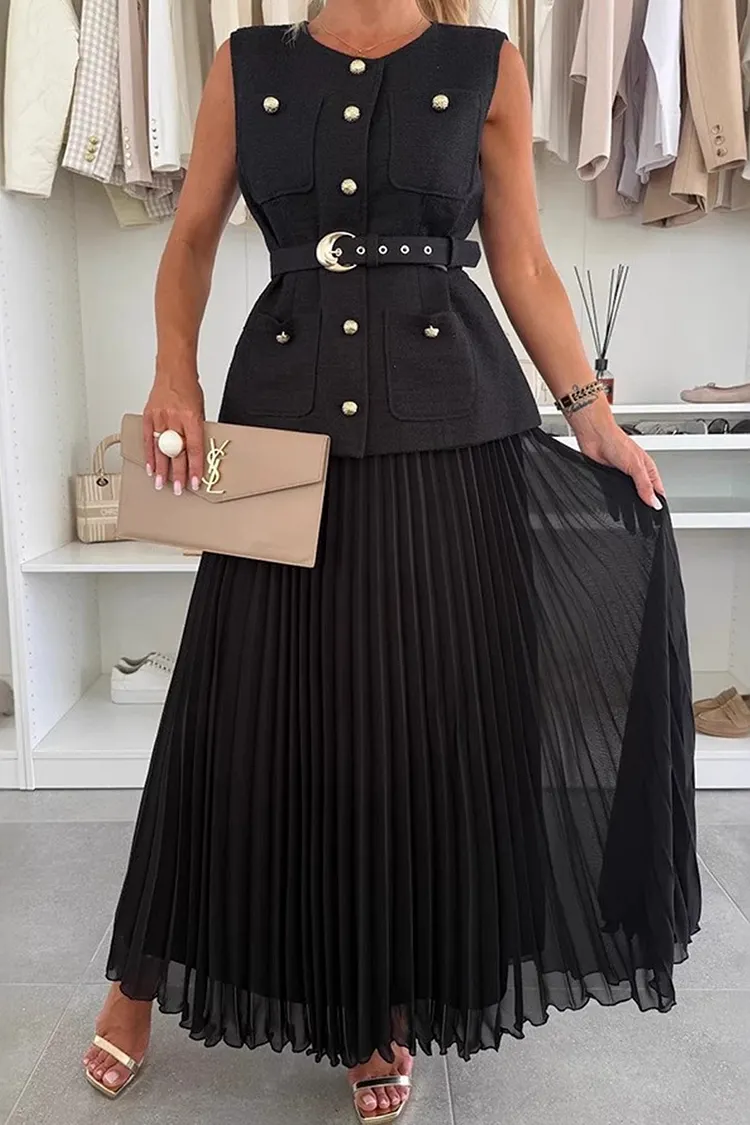 Button-down Tank Top Mesh Pleated Skirt Set