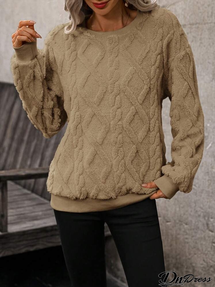 Women Solid Color Round Neck Long Sleeve Casual Fleece Sweatshirt