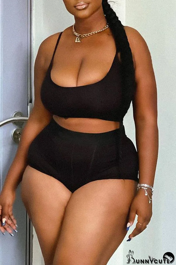 Black Sexy Casual Solid Backless Spaghetti Strap Plus Size Two Pieces