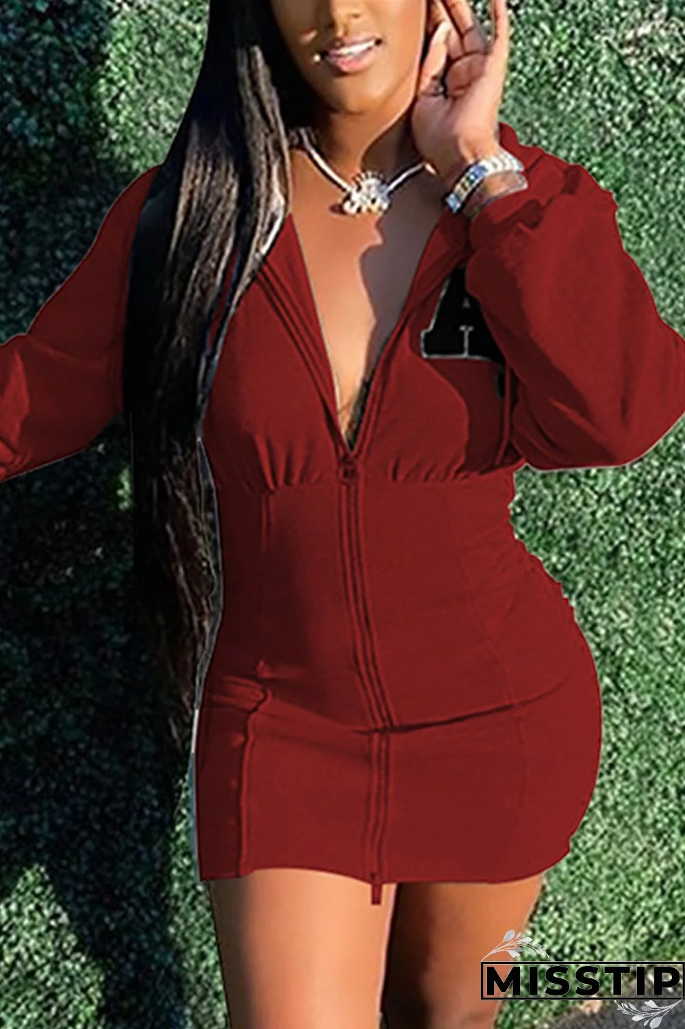 Wine Red Fashion Sexy Print Basic Zipper Collar Long Sleeve Mini Printed Dress Dresses