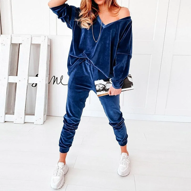 UForever21 Solid Matching Set Female Long Pants And Top Pleuche Two Piece Sets Womens Outifits Casual Loose Sweatsuit Tracksuits For Women