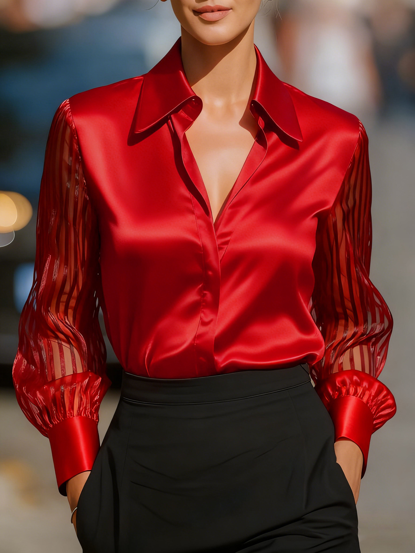 Solid Lapel Sheer Mesh Long Sleeve Shirt