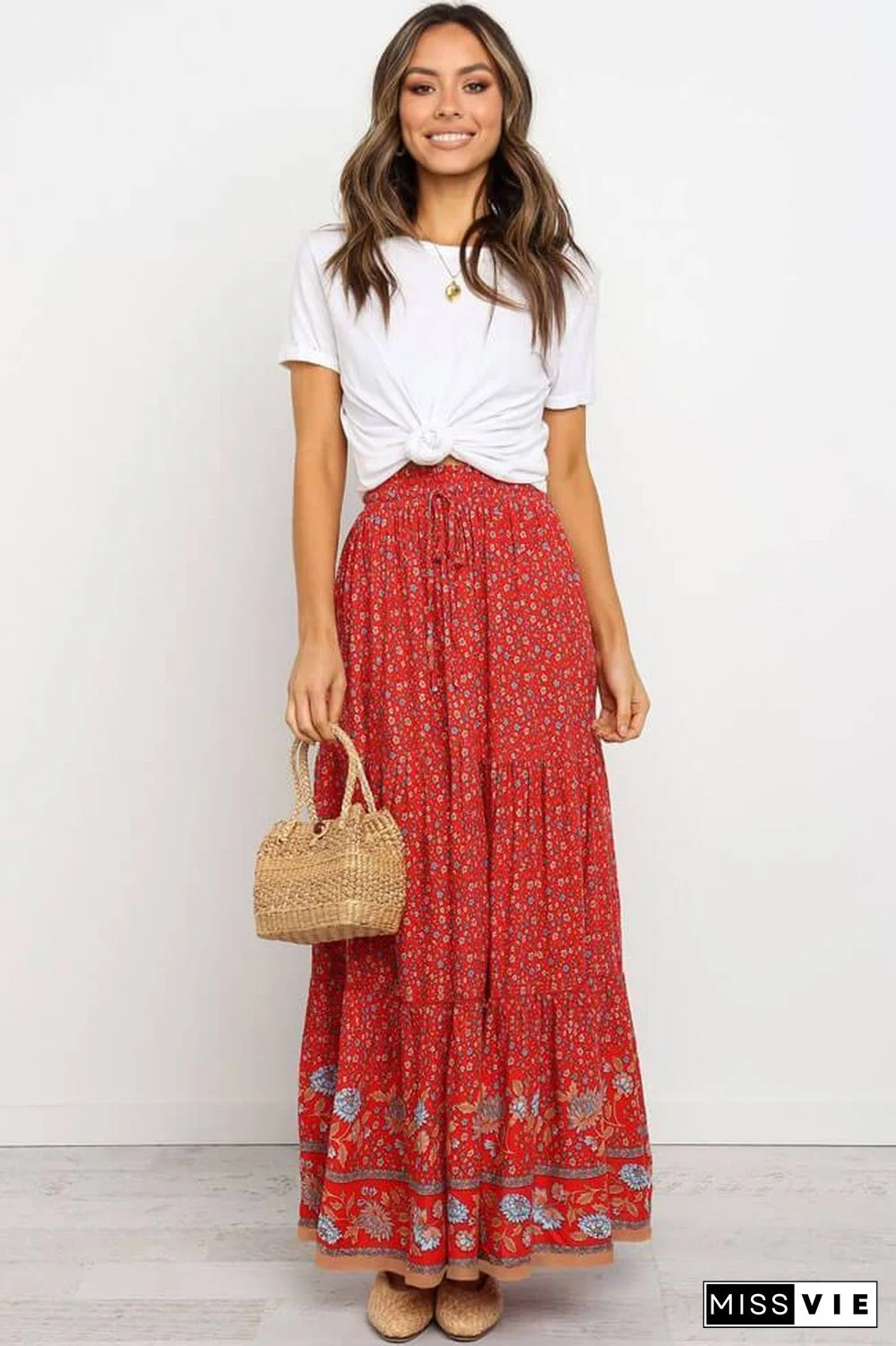 Boho Ditsy Floral High Waist Beach Maxi Skirt