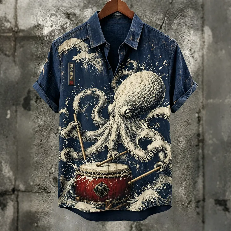 Men's Retro Waves With Octopus Taiko Master Art Print Casual Shirt