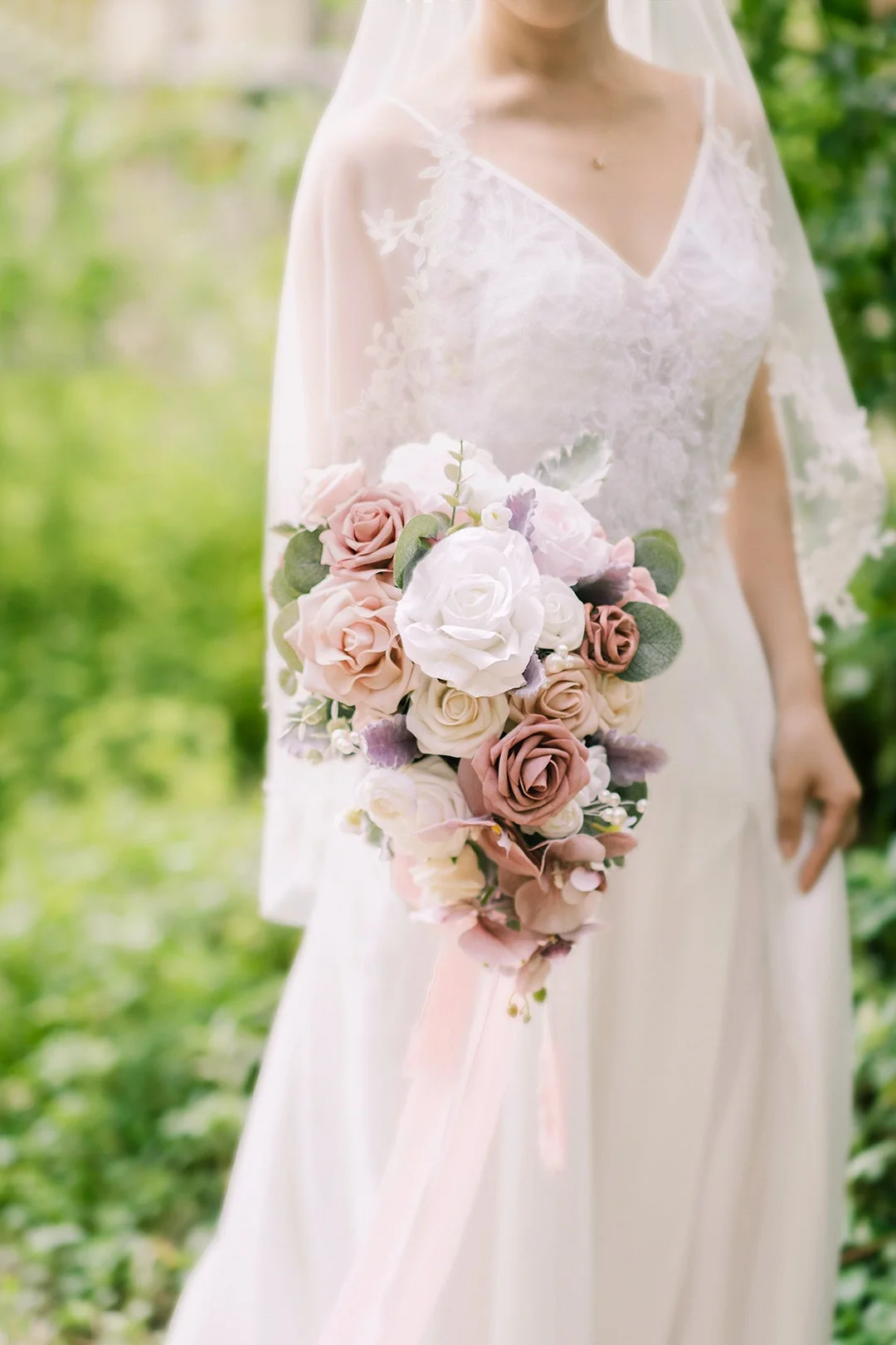 Micro Cascade Bridal Bouquets in Dusty Rose & Cream
