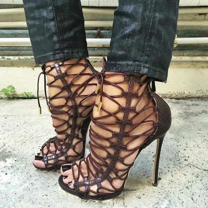 Chocolate Python Lace Up Strappy Heels Sandals |FSJ Shoes