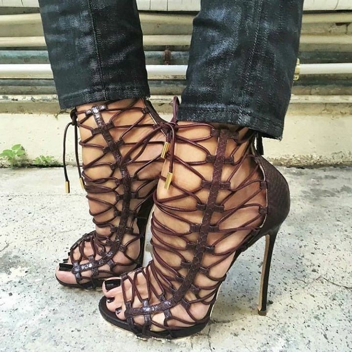 Chocolate Python Lace Up Strappy Heels Sandals|FSJshoes