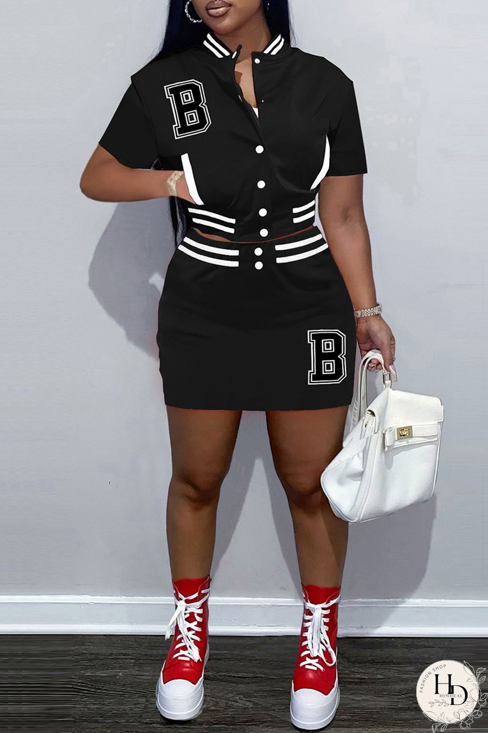 Black Fashion Casual Letter Embroidery Patchwork O Neck Short Sleeve Two Pieces