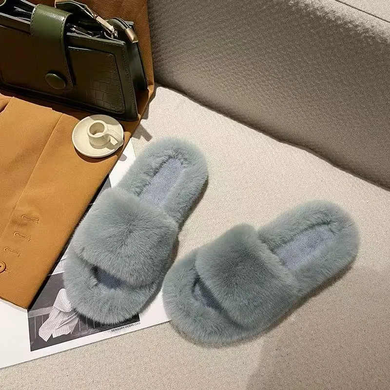 Breakj Breakj Hairy Slippers Women 2025 Autumn And Winter New Hairy Home Outside The Bottom Of The Wearing Plush Slippers