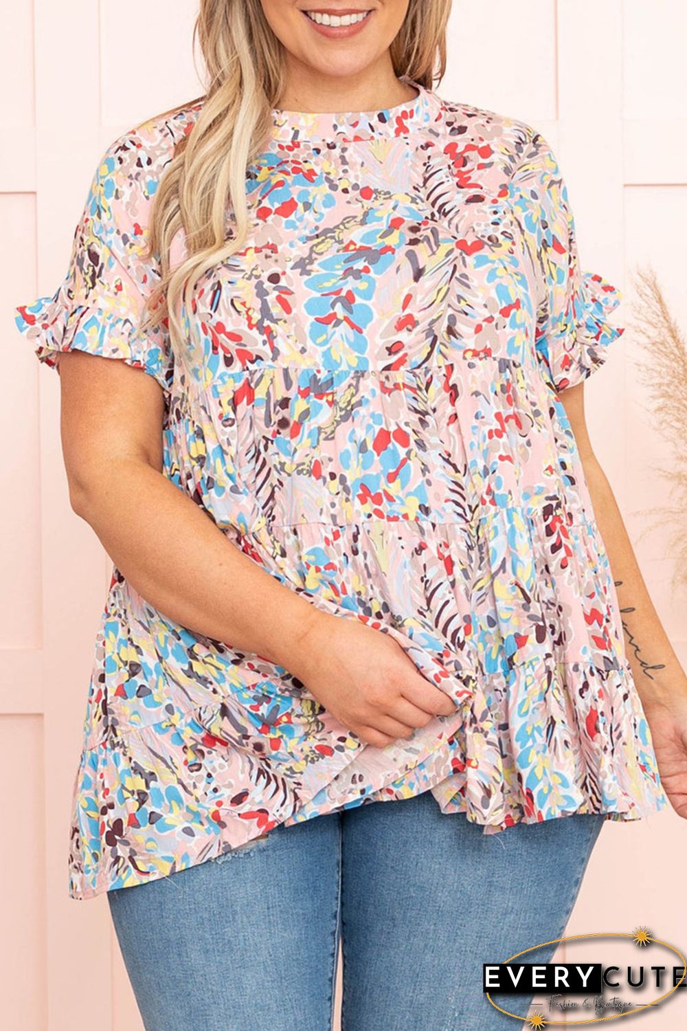 Pink Floral Print Tiered Ruffled Plus Size Blouse