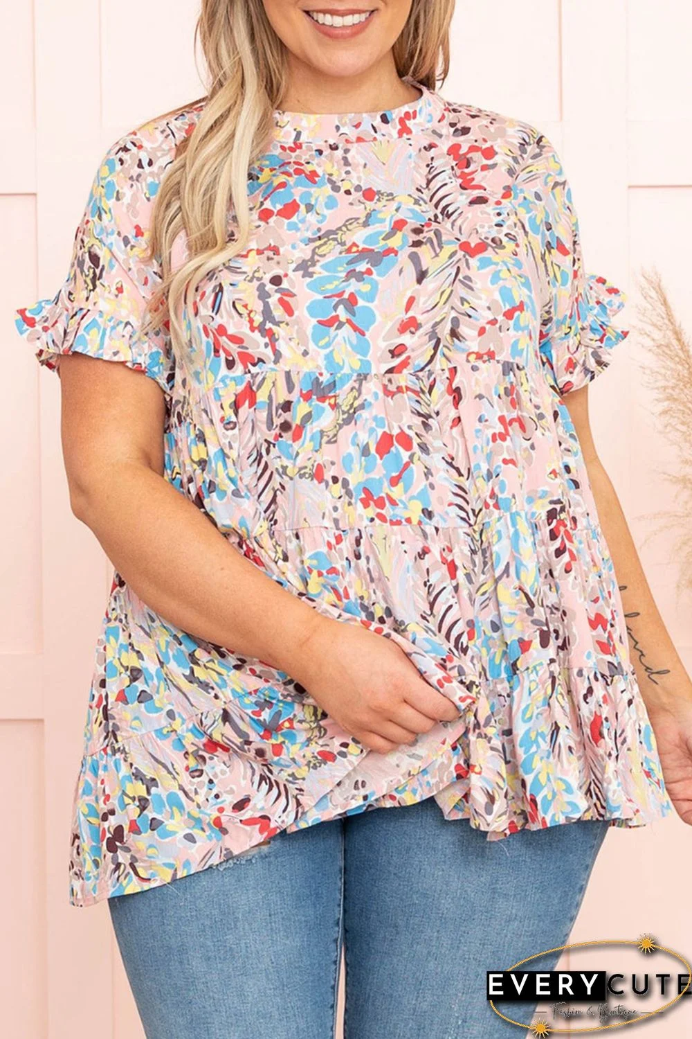 Pink Floral Print Tiered Ruffled Plus Size Blouse
