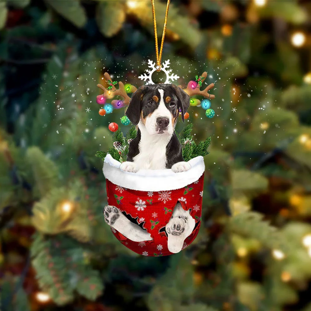 Greater Swiss Mountain Dog In Snow Pocket Christmas Ornament.