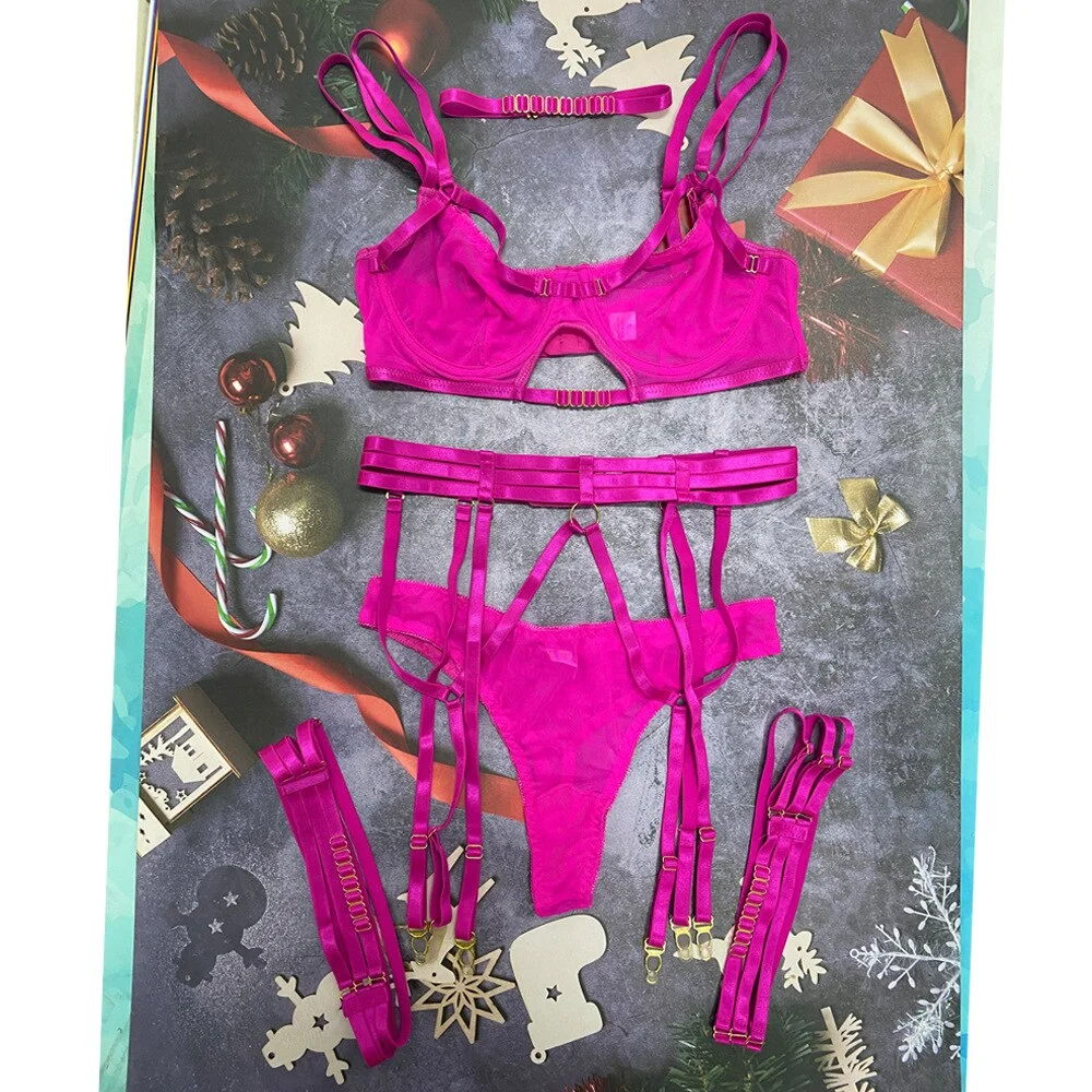 MIRABELLE Sensual Lingerie Sexy Underwear See Through Lace Bra and Panty Sets 4 Piece Erotic Costumes Short Skin Care Kits