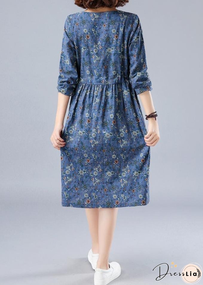 French O Neck Drawstring Spring Dresses Wardrobes Blue Print Dress