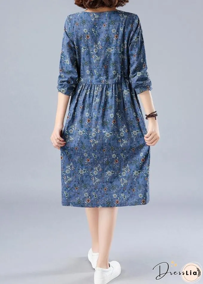 French O Neck Drawstring Spring Dresses Wardrobes Blue Print Dress