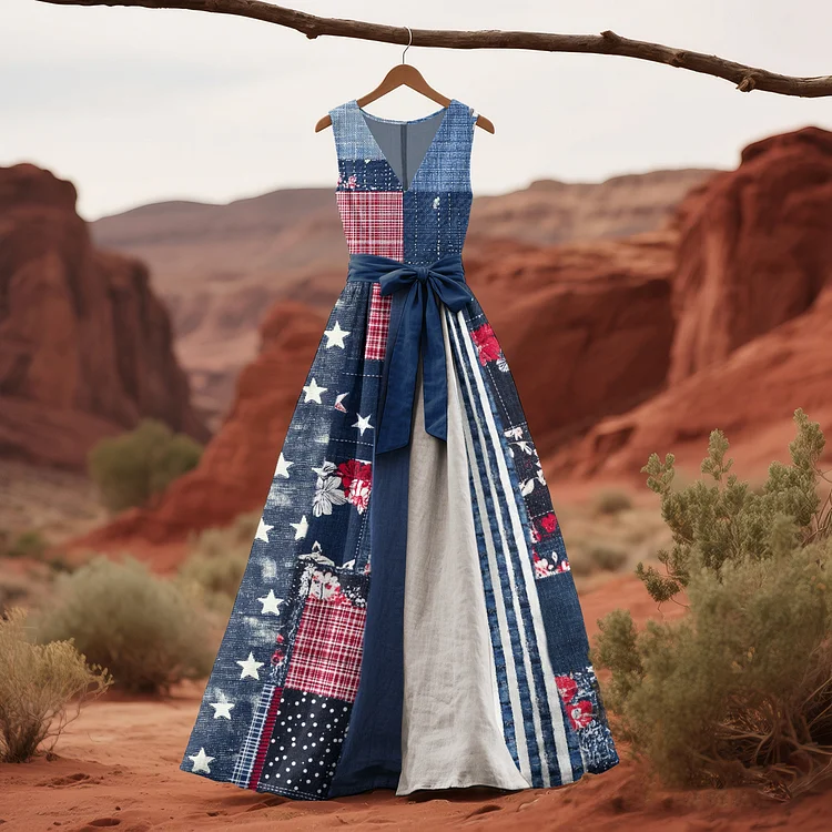 Women's Vintage Independence Day Floral Print Sleeveless Dress