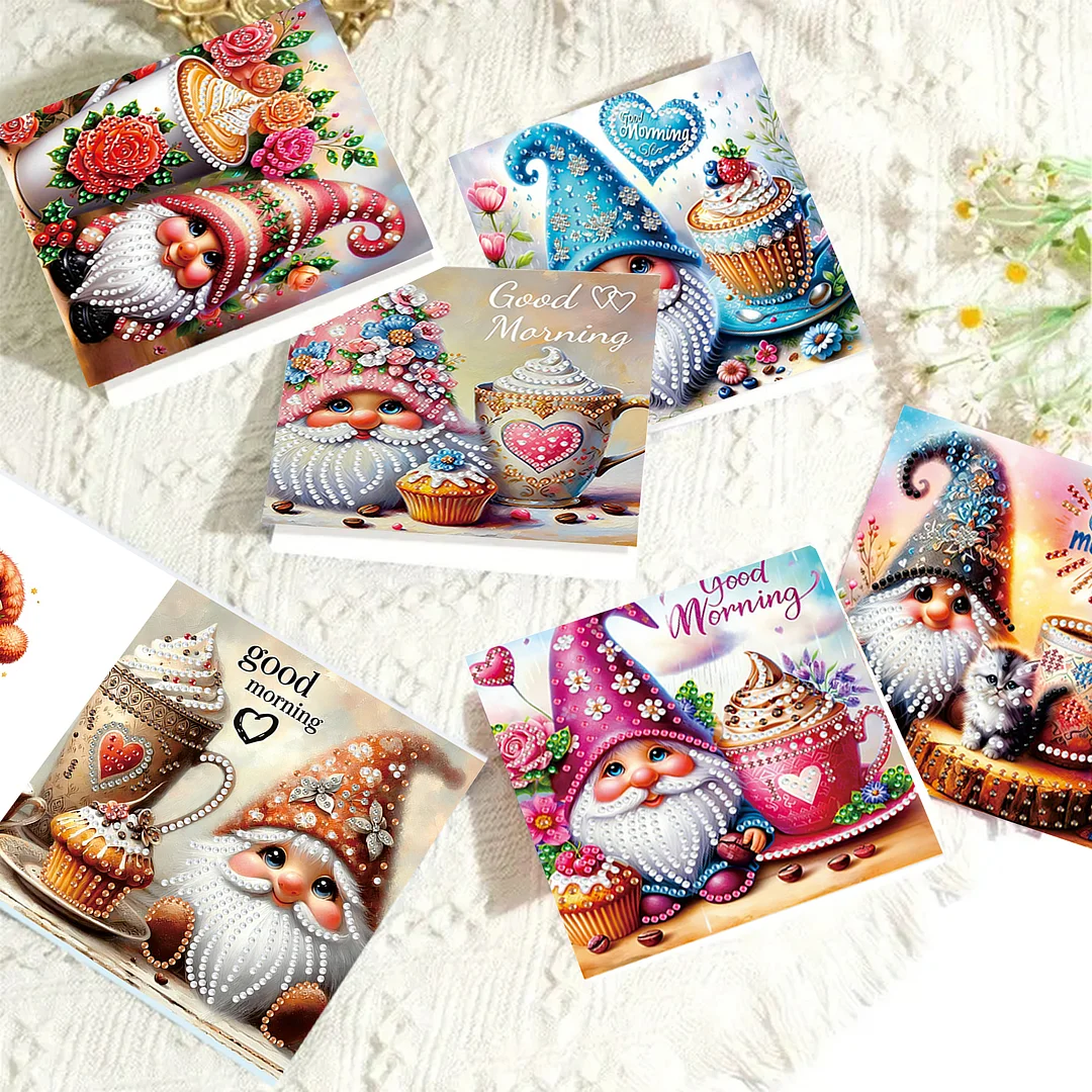 6pcs Good Morning Goblin DIY Diamond Painting Kit Greeting Card with Envelope Diamond Art Painting Greeting Cards for Family Friends Holiday Gift Congratulations