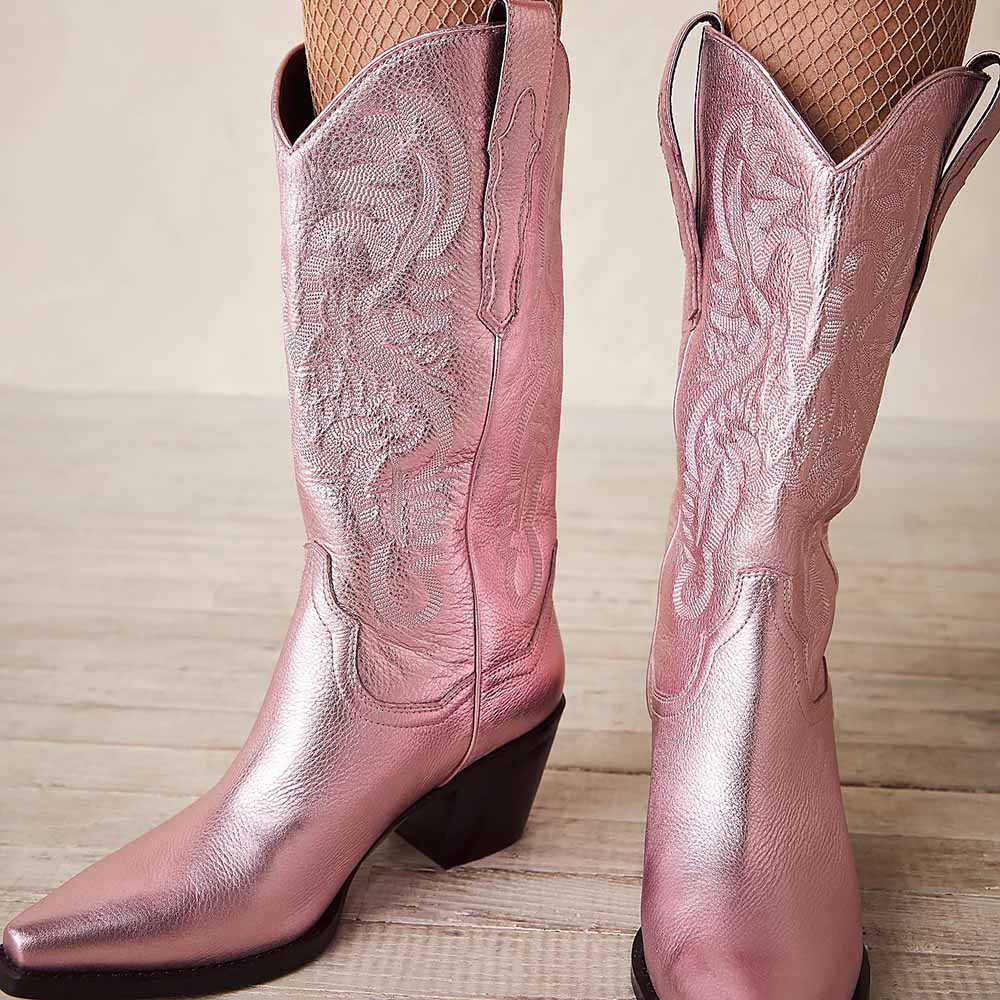 Pink Pointed Toe Embroidered Shoes Mid Calf Cowboy Boots for Women