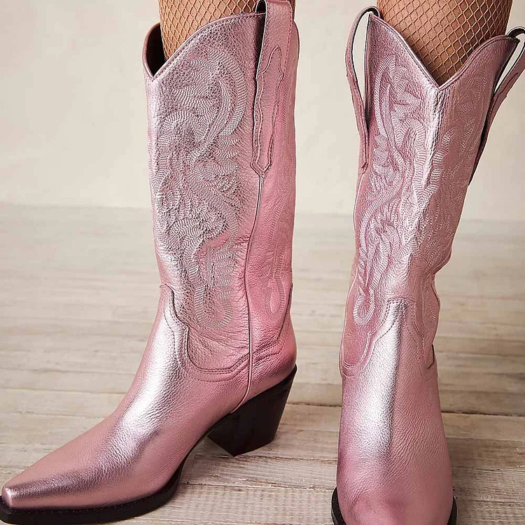 Pink Pointed Toe Embroidered Shoes Mid Calf Cowboy Boots for Women |FSJ Shoes