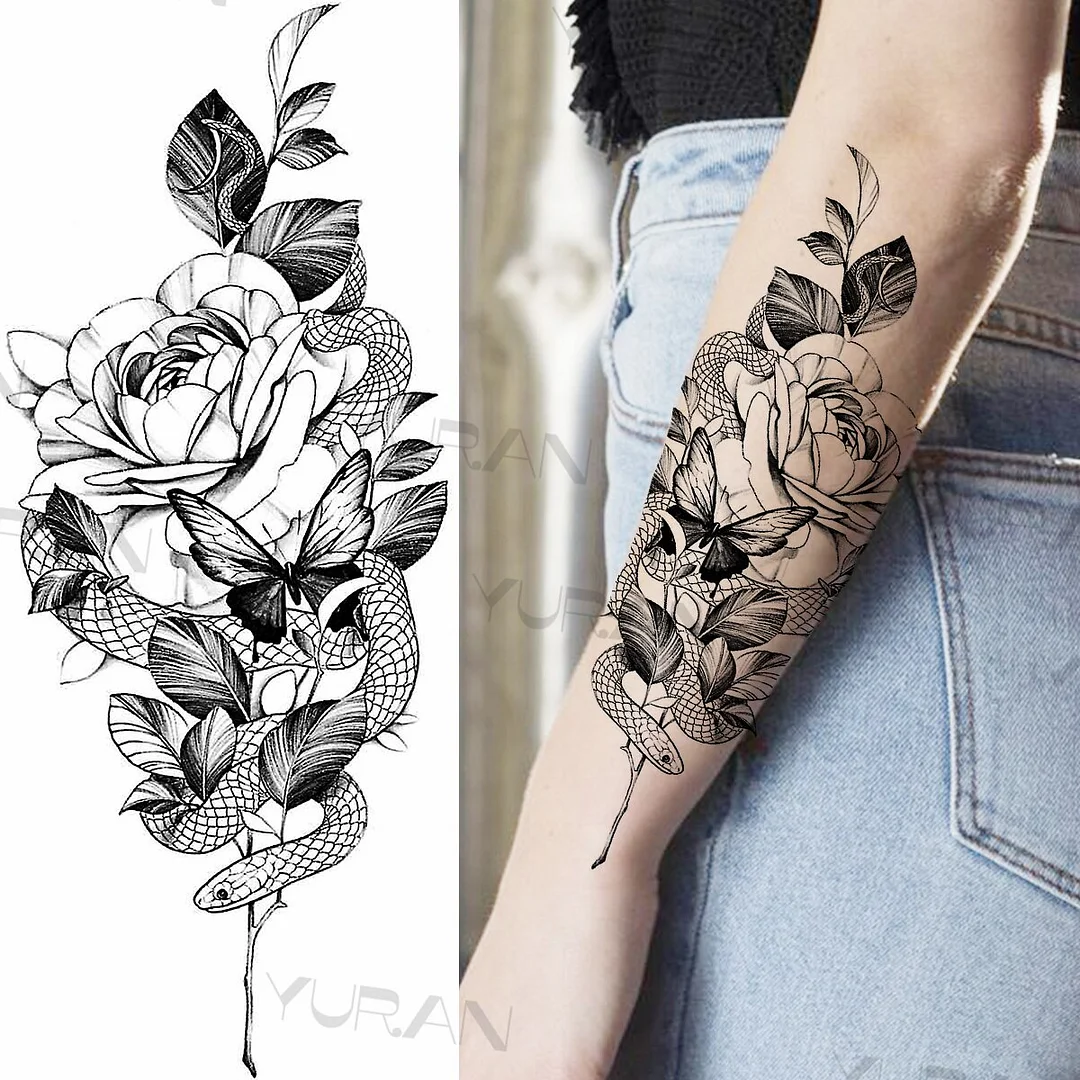 Sdrawing Rose Flower Temporary Tattoos For Women Realistic Snake Butterfly Flora Fake Tattoo Sticker Arm Body Waterproof Tatoos