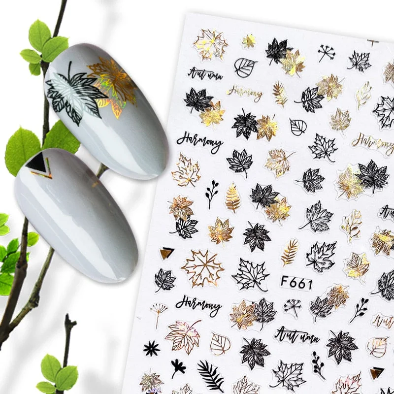 Summer Design 3D Stickers For Nails iridescent Black Gold Flower Leaf Series Decorations Sliders Nail Art Sticker Decals
