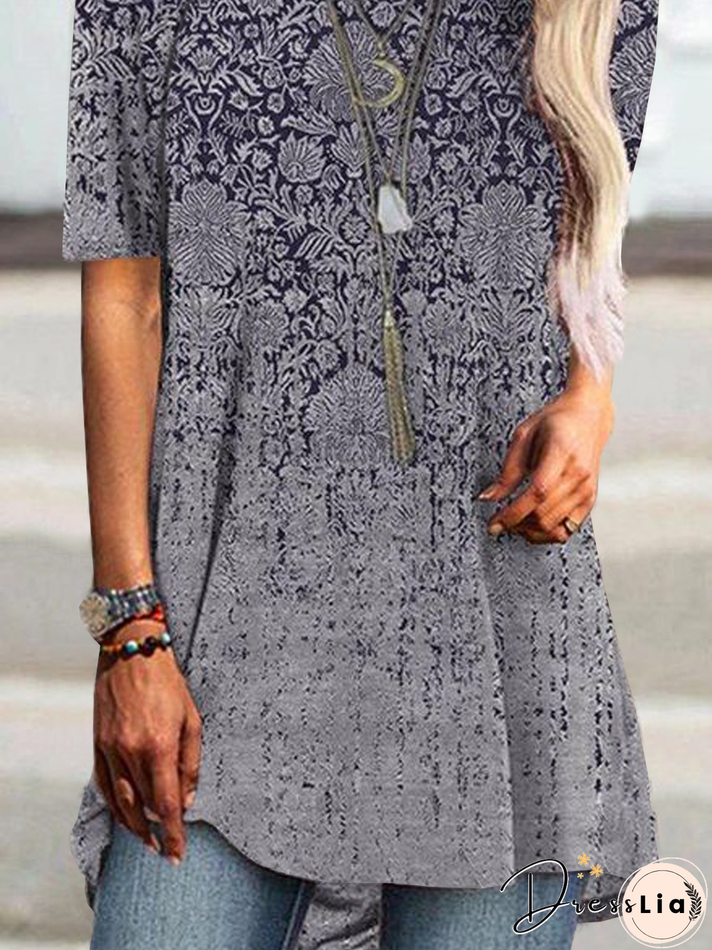 Boho Geometric Tribal Floral Loosen Crew Neck Tunic Short Sleeve T-Shirt
