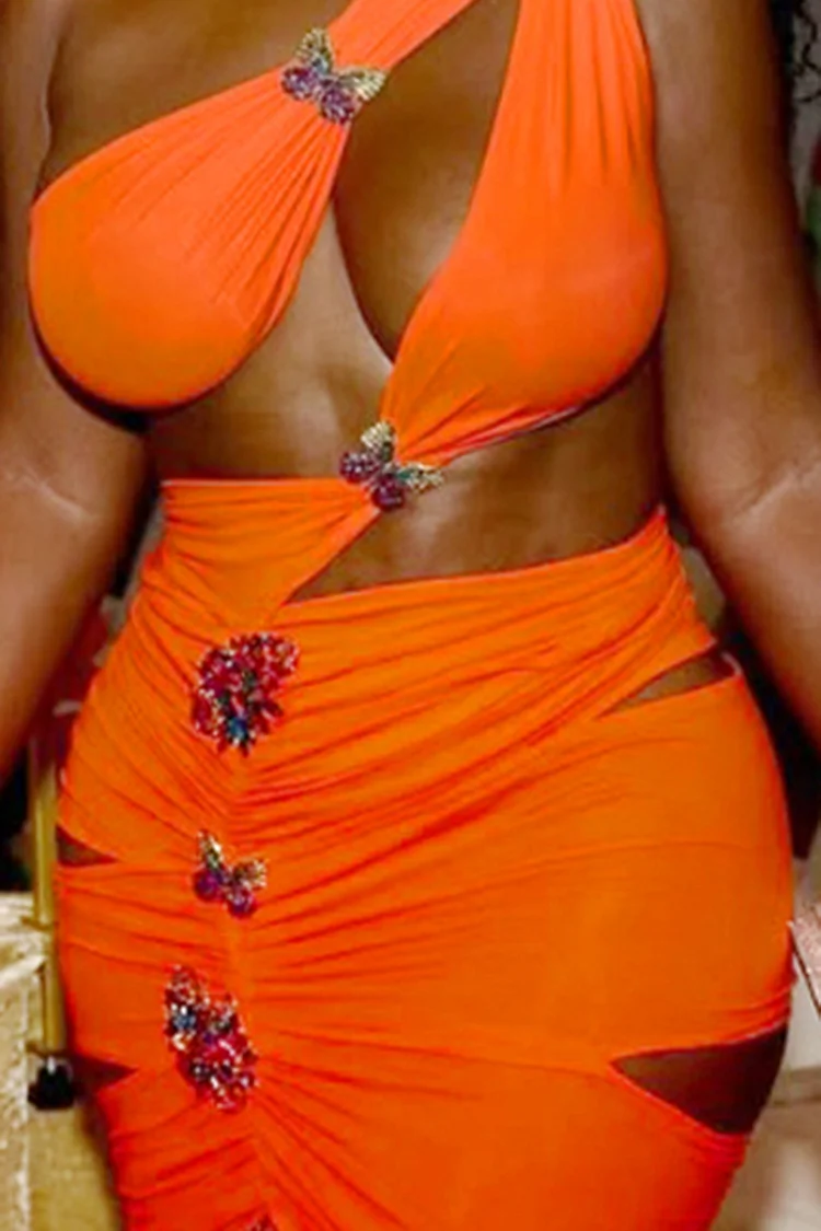 One Shoulder Wrapped Cutout Bodycon Party Mini Dresses-Orange [Pre Order]