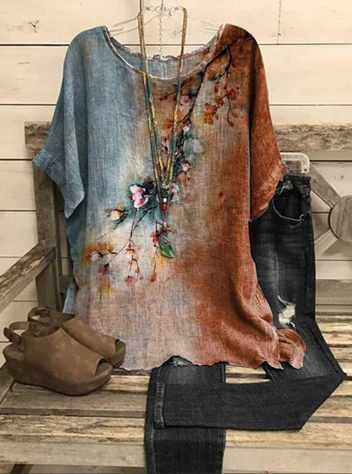 Retro Flower Printed Round Neck Women's Tops