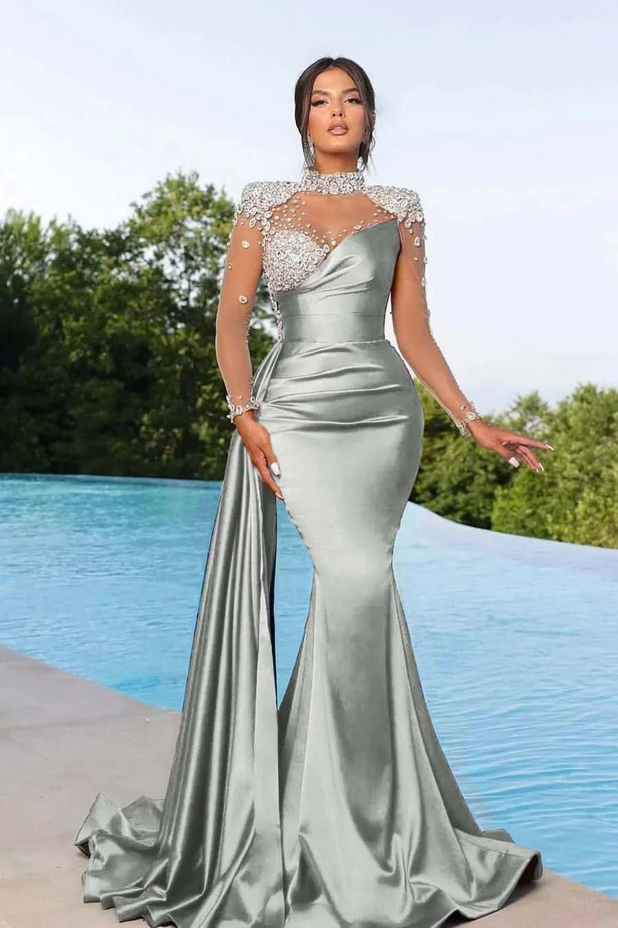 Gorgeous Orange Mermaid Beaded High Slit Tulle Long Prom Dress Evening Dress cc5611 main image 1