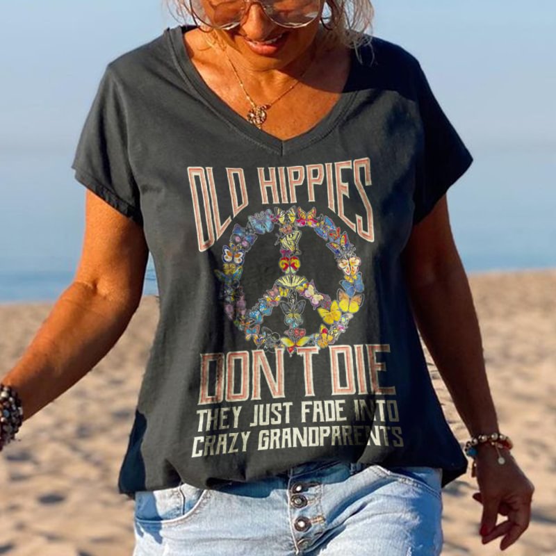 Butterflies Old Hippies Don't Die V-neck Graphic Tees