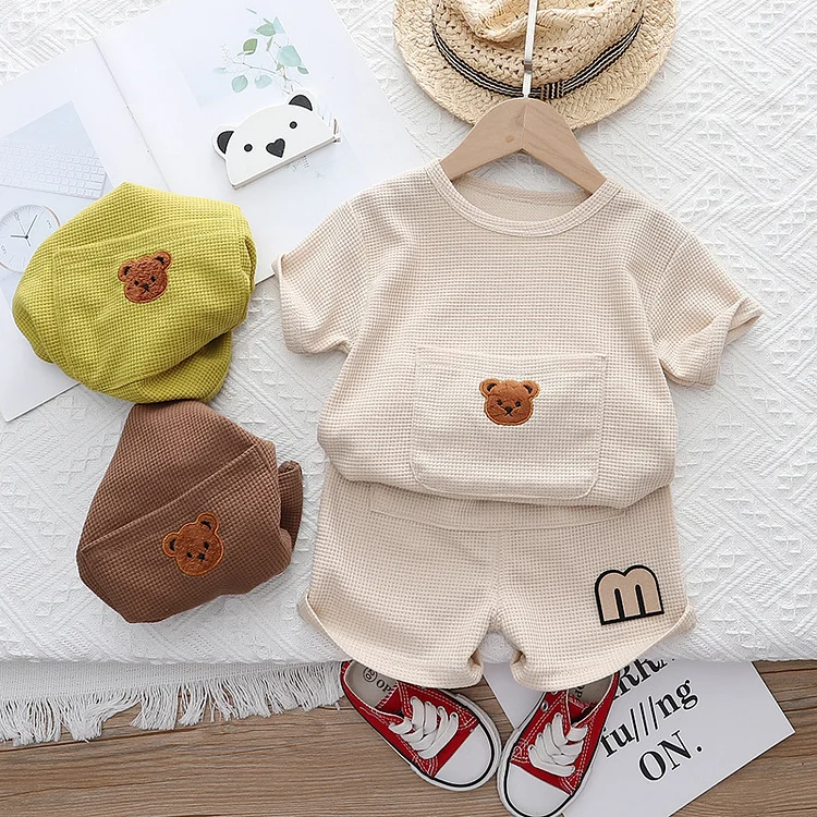 Baby Toddler Boy Summer Solid Wafflre Bear Pocket T-shirt & Elasticized Shorts Set