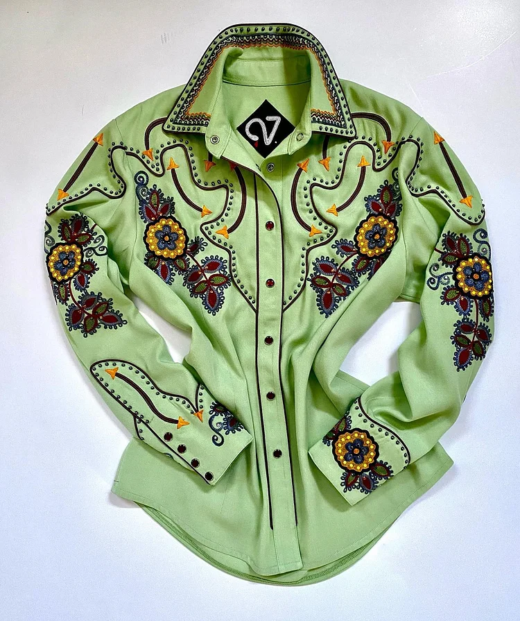 Vintage Floral Embroidered Print Green Shirt