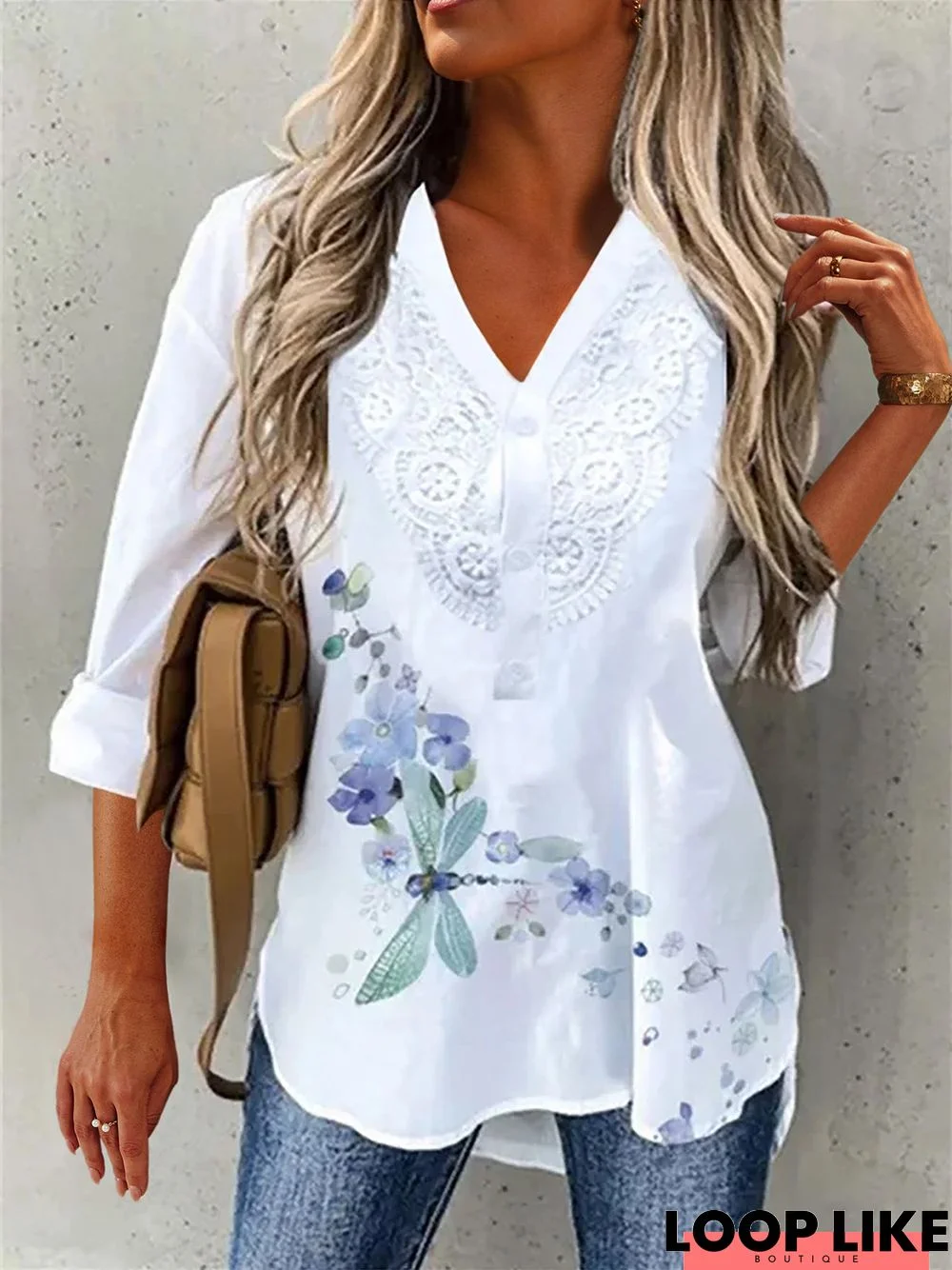 Dragonfly V Neck Loosen Long Sleeve Tunic Blouse