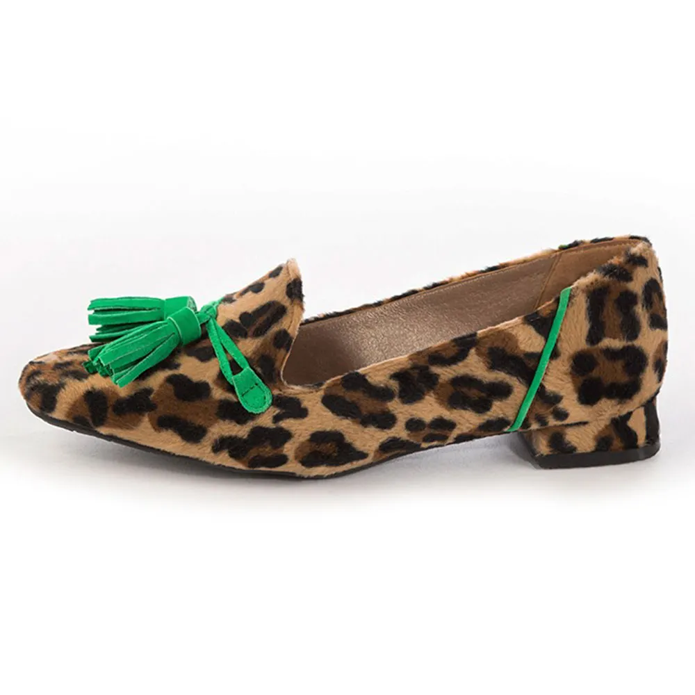 Leopard Print Round Toe Tassel Decor Loafer Flat Shoes Women