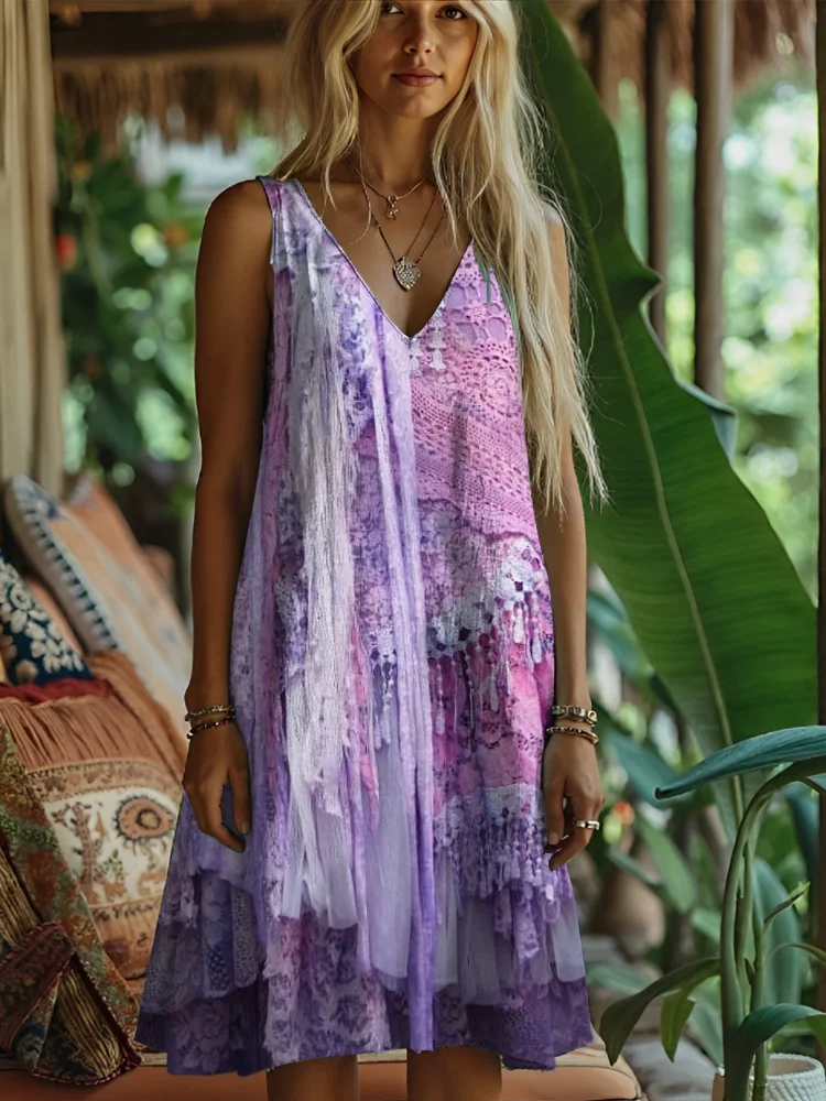 Vintage Lace Floral Art Women's Linen Vest Dress