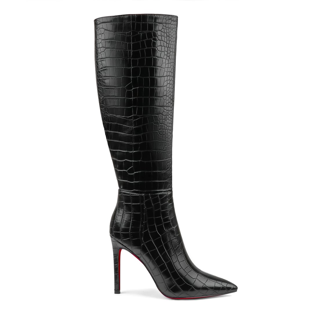 100mm Women's Fashion Zipper Leather High Heels Knee Boots Red Bottom Shoes-MERUMOTE
